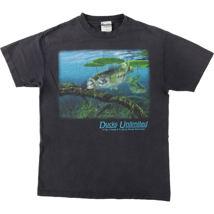 90'S Marathon Apparel Ducks Unlimited Fish Print Animal T-Shirt, Men's Size M (approx.), Vintage unclear black type Vintage Second Hand