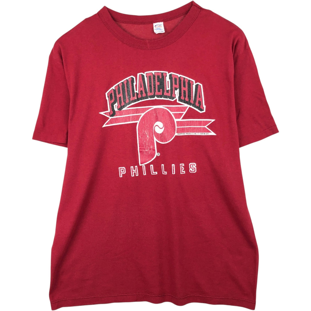 80'S Champion Tricot Tag MLB Philadelphia Phillies Logo Print T-Shirt, Made in USA, Men's XL (approx.) Vintage polyester red type Vintage Second Hand