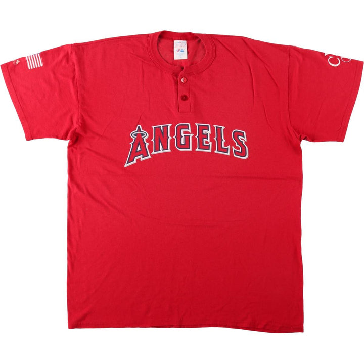 90s-00'S Majestic MLB Los Angeles Angels American flag pattern Henley neck sports print T-shirt, men's size XL. cotton red type Vintage Second Hand