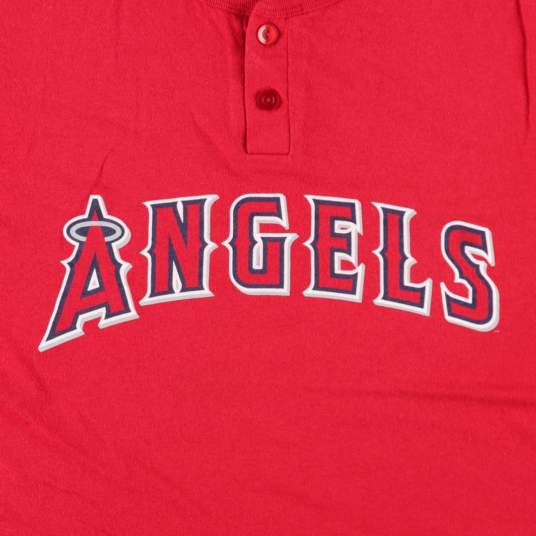 90s-00'S Majestic MLB Los Angeles Angels American flag pattern Henley neck sports print T-shirt, men's size XL. cotton red type Vintage Second Hand