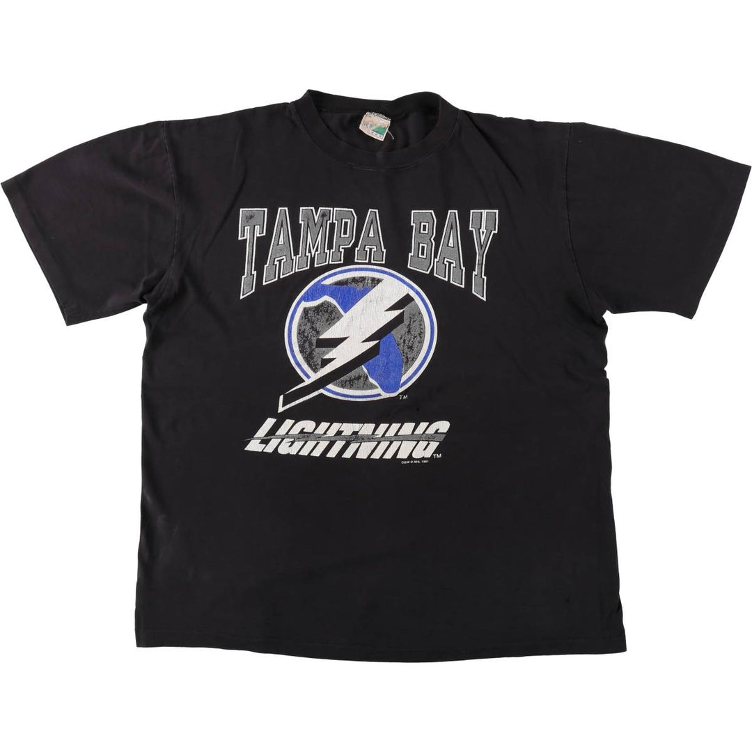90'S WAVES NHL TAMPA BAY LIGHTNING Logo Print T-Shirt, Men's Size L (approx.), Vintage cotton black type Vintage Second Hand