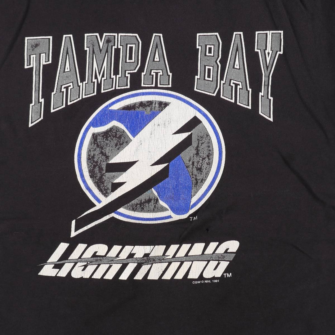 90'S WAVES NHL TAMPA BAY LIGHTNING Logo Print T-Shirt, Men's Size L (approx.), Vintage cotton black type Vintage Second Hand