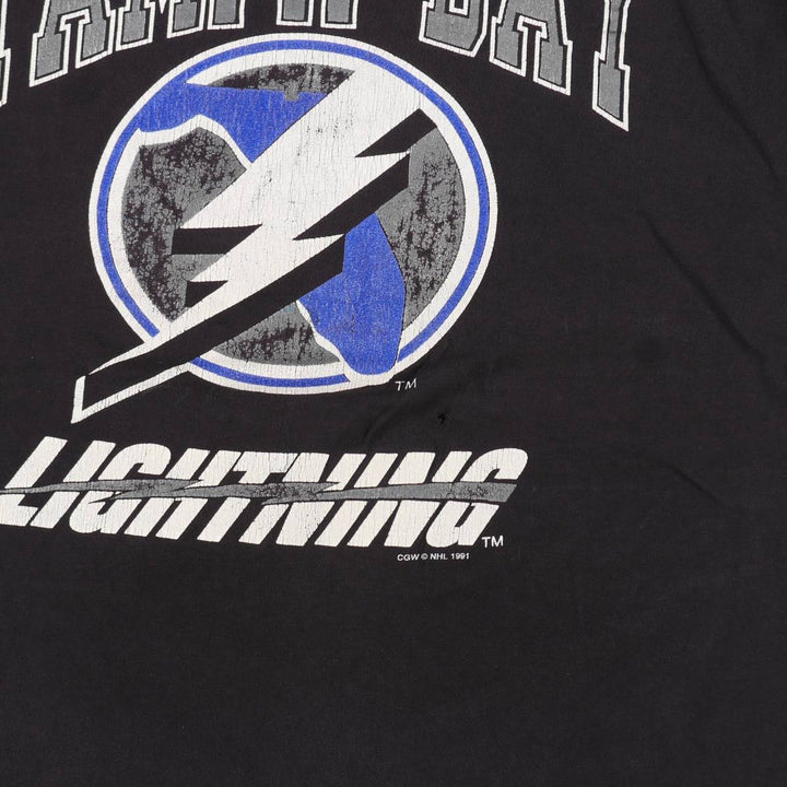 90'S WAVES NHL TAMPA BAY LIGHTNING Logo Print T-Shirt, Men's Size L (approx.), Vintage cotton black type Vintage Second Hand