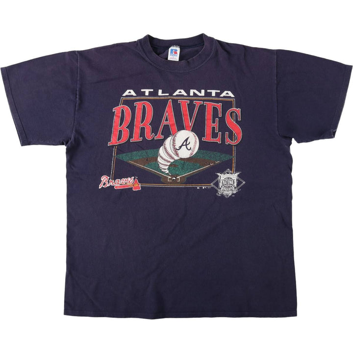 90'S Russell Atlanta Braves MLB Sports Print T-Shirt, Made in USA, Men's Size XL (approx.) cotton navy blue type Vintage Second Hand