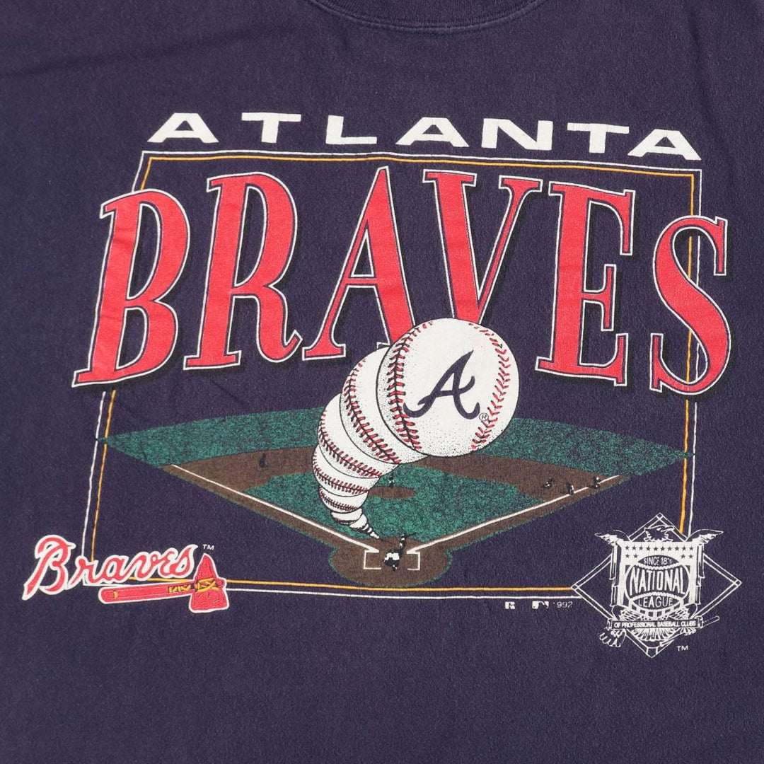 90'S Russell Atlanta Braves MLB Sports Print T-Shirt, Made in USA, Men's Size XL (approx.) cotton navy blue type Vintage Second Hand