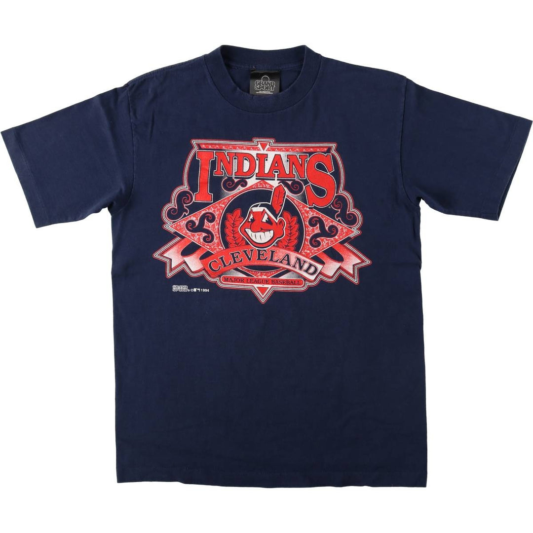 90'S GRAND SPORT MLB CLEVELAND INDIANS sports print T-shirt, men's size M (approx.) cotton navy blue type Vintage Second Hand