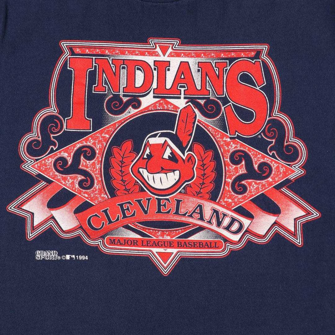 90'S GRAND SPORT MLB CLEVELAND INDIANS sports print T-shirt, men's size M (approx.) cotton navy blue type Vintage Second Hand