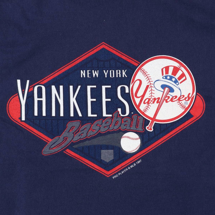 90'S PRO PLAYER MLB NEW YORK YANKEES Logo Print T-Shirt, Men's XXL (approx.), Vintage cotton navy blue type Vintage Second Hand