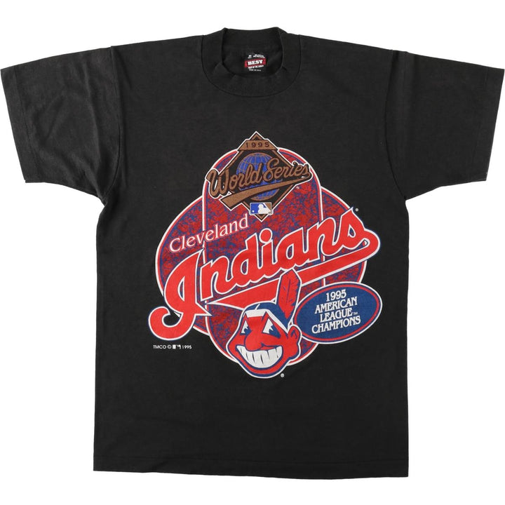 90'S Fruit of the Loom MLB Cleveland Indians sports print T-shirt, Made in USA, Men's size M cotton black type Vintage Second Hand