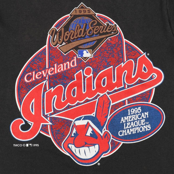 90'S Fruit of the Loom MLB Cleveland Indians sports print T-shirt, Made in USA, Men's size M cotton black type Vintage Second Hand