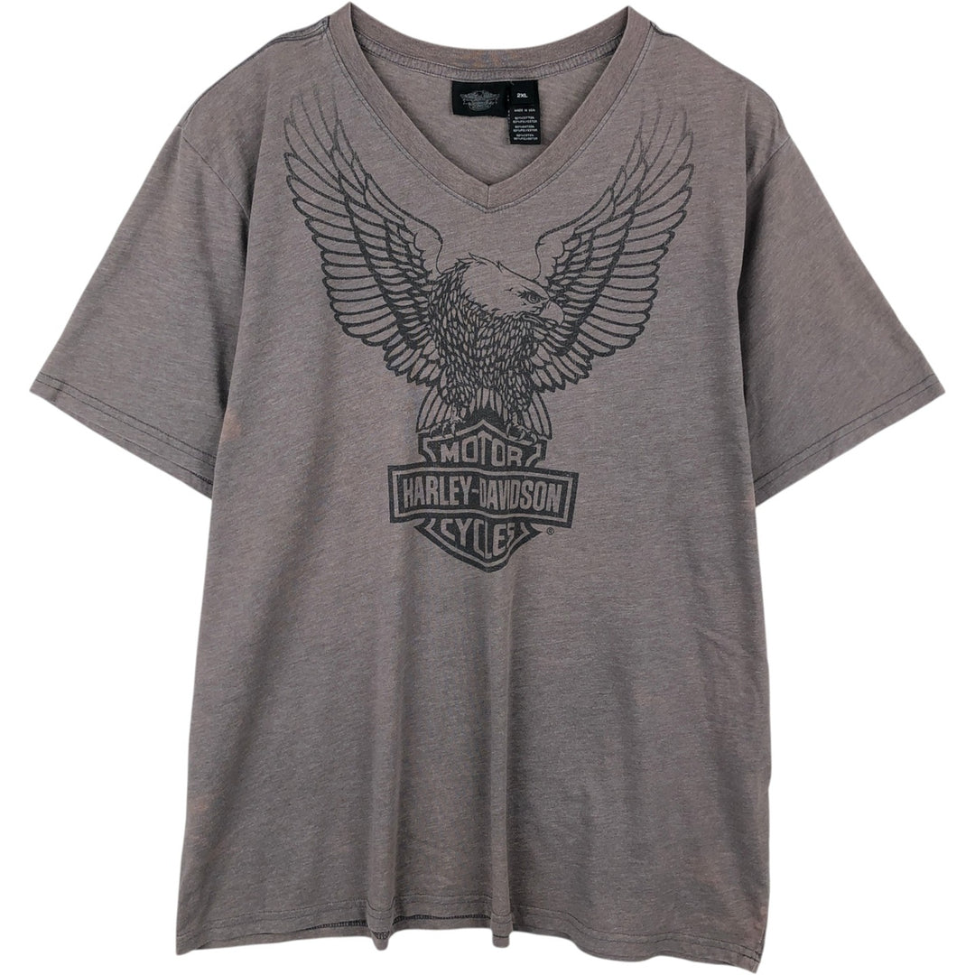 Harley-Davidson Eagle Pattern V-Neck Motorcycle T-Shirt, Made in USA, Men's XXL (approx.) cotton Charcoal Vintage Second Hand