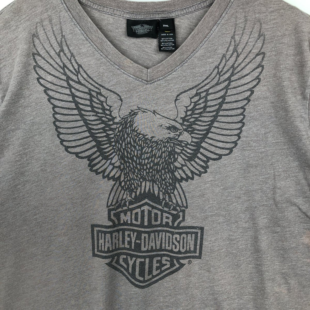 Harley-Davidson Eagle Pattern V-Neck Motorcycle T-Shirt, Made in USA, Men's XXL (approx.) cotton Charcoal Vintage Second Hand