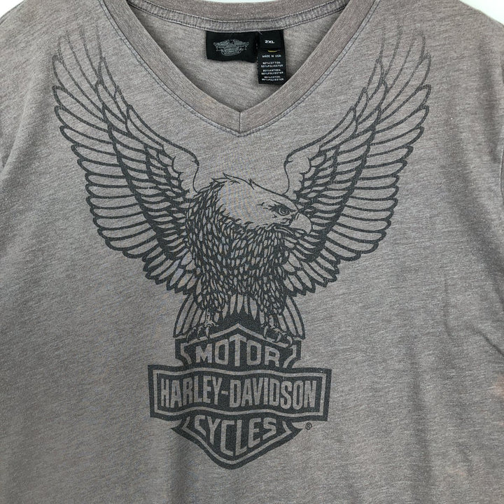 Harley-Davidson Eagle Pattern V-Neck Motorcycle T-Shirt, Made in USA, Men's XXL (approx.) cotton Charcoal Vintage Second Hand