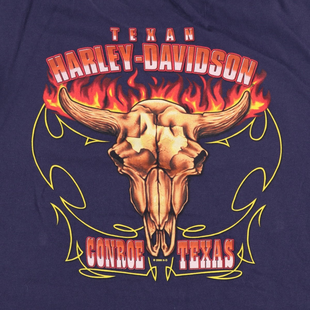 Harley Davidson Eagle Pattern Fire Pattern Motorcycle Bike T-shirt Men's XL cotton navy blue type Vintage Second Hand