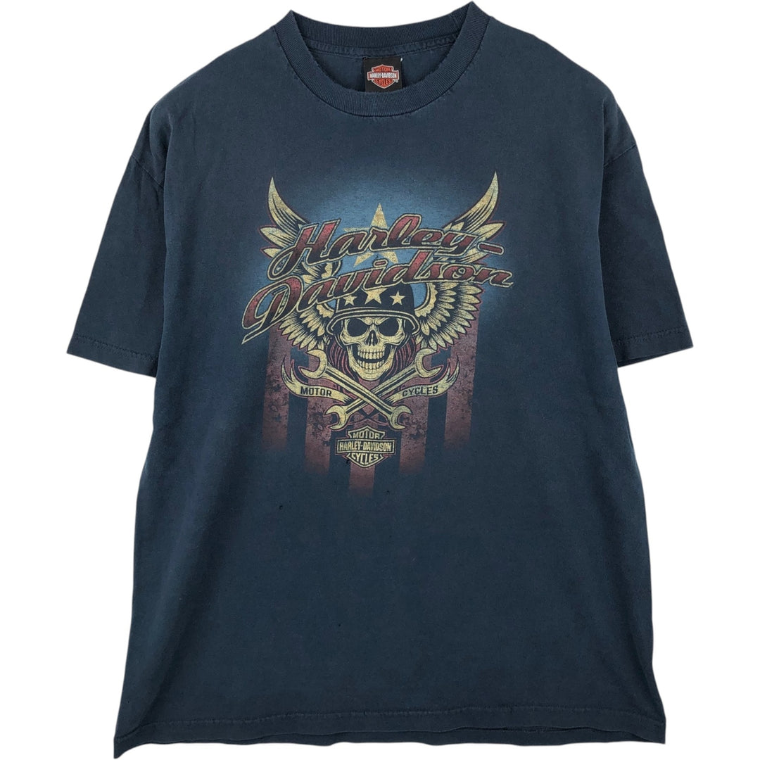 Harley-Davidson Skull Wing Skull Pattern Motorcycle T-Shirt, Men's Size L (approx.) unclear navy blue type Vintage Second Hand