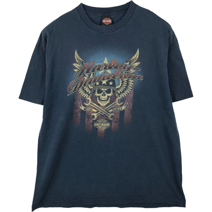 Harley-Davidson Skull Wing Skull Pattern Motorcycle T-Shirt, Men's Size L (approx.) unclear navy blue type Vintage Second Hand