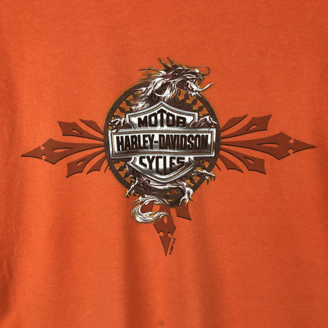 2000'S Hanes Harley-Davidson Eagle Pattern Dragon Pattern Motorcycle T-Shirt, Made in USA, Men's XL equivalent. cotton orange type Vintage Second Hand