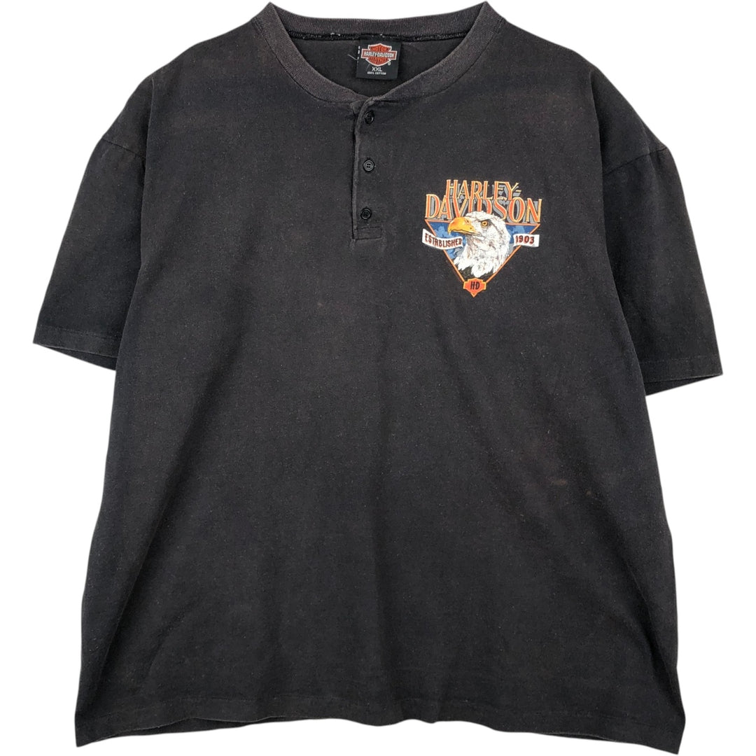 Harley-Davidson Eagle Pattern Henley Neck Motorcycle T-Shirt, Made in USA, Men's XXL equivalent. cotton black type Vintage Second Hand
