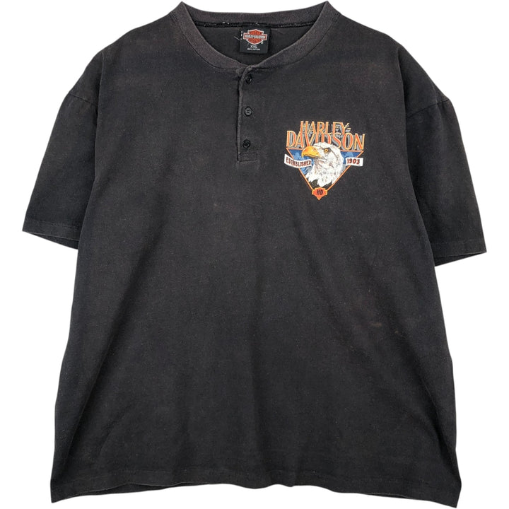 Harley-Davidson Eagle Pattern Henley Neck Motorcycle T-Shirt, Made in USA, Men's XXL equivalent. cotton black type Vintage Second Hand