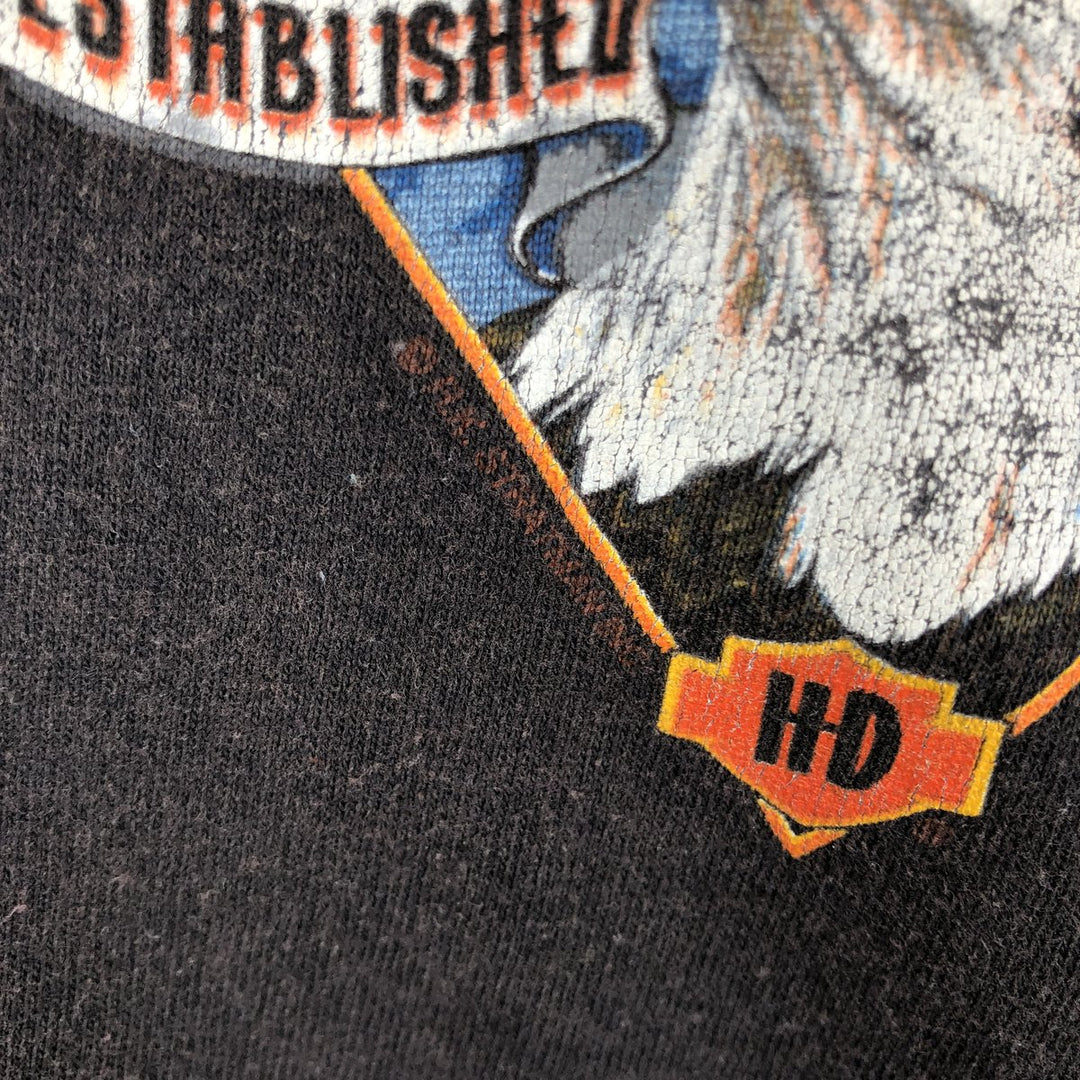 Harley-Davidson Eagle Pattern Henley Neck Motorcycle T-Shirt, Made in USA, Men's XXL equivalent. cotton black type Vintage Second Hand