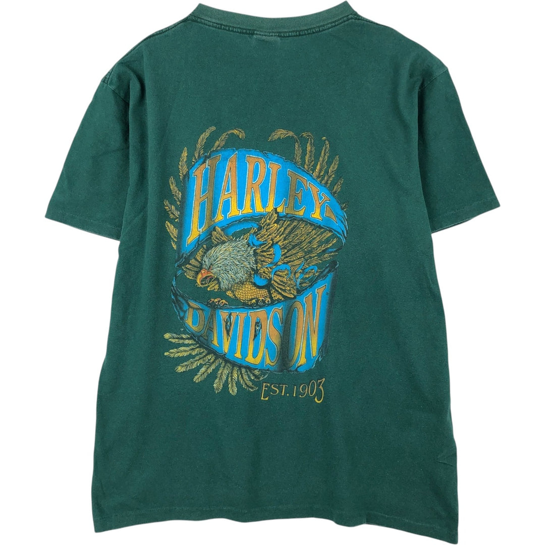 Harley-Davidson Eagle Pattern Motorcycle T-Shirt, Made in USA, Men's Size L (approx.) cotton green type Vintage Second Hand