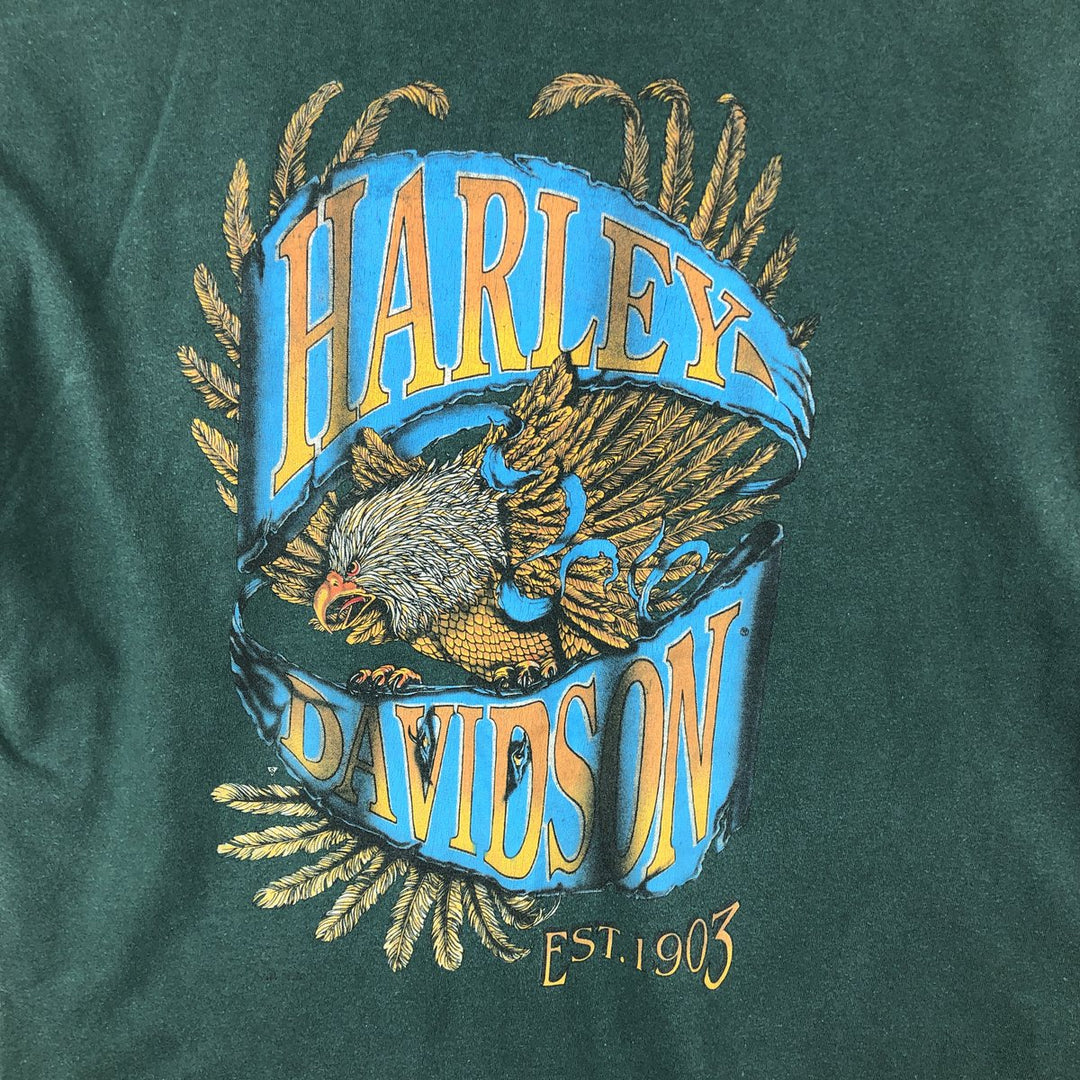 Harley-Davidson Eagle Pattern Motorcycle T-Shirt, Made in USA, Men's Size L (approx.) cotton green type Vintage Second Hand