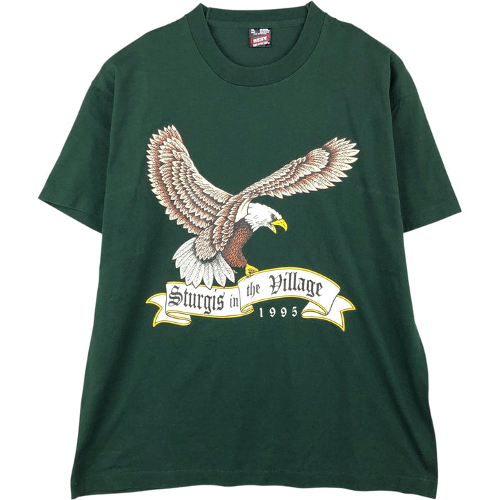 90'S Fruit of the Loom Eagle Pattern Motorcycle T-Shirt, Made in USA, Men's XL equivalent, Vintage cotton green type Vintage Second Hand