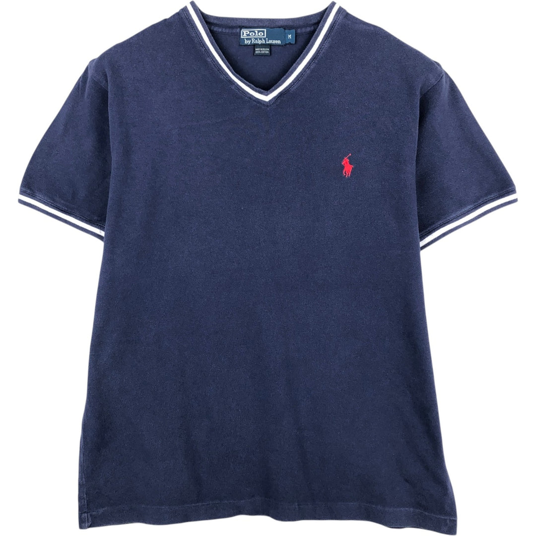 Ralph Lauren POLO by Ralph Lauren pique knit short-sleeved V-neck T-shirt, men's size M (approx.) cotton navy blue type Vintage Second Hand