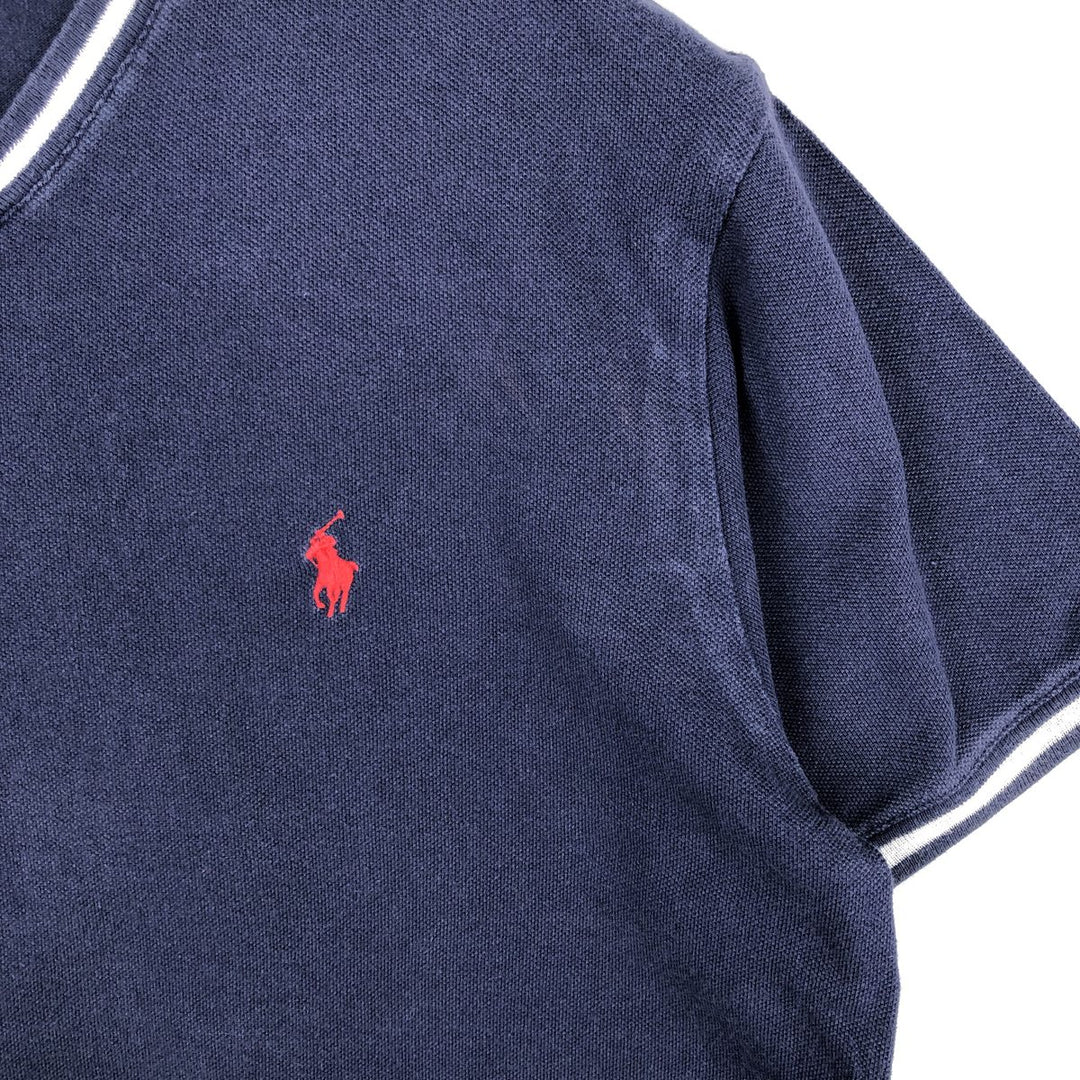 Ralph Lauren POLO by Ralph Lauren pique knit short-sleeved V-neck T-shirt, men's size M (approx.) cotton navy blue type Vintage Second Hand