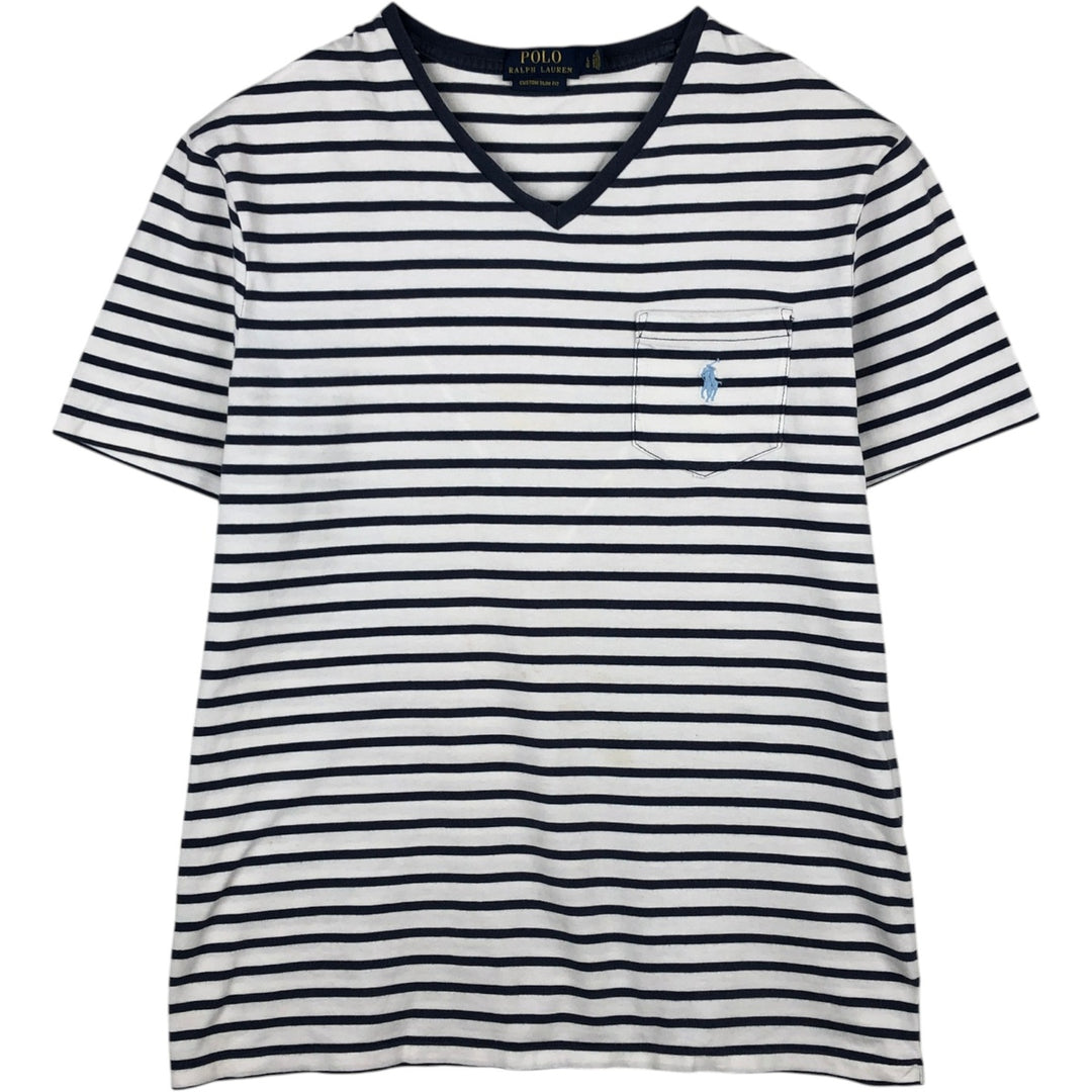 Ralph Lauren POLO RALPH LAUREN CUSTOM SLIM FIT V-neck Short-sleeve Striped T-shirt (Men's size L equivalent) unclear navy blue type Vintage Second Hand