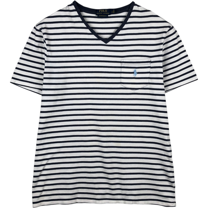 Ralph Lauren POLO RALPH LAUREN CUSTOM SLIM FIT V-neck Short-sleeve Striped T-shirt (Men's size L equivalent) unclear navy blue type Vintage Second Hand