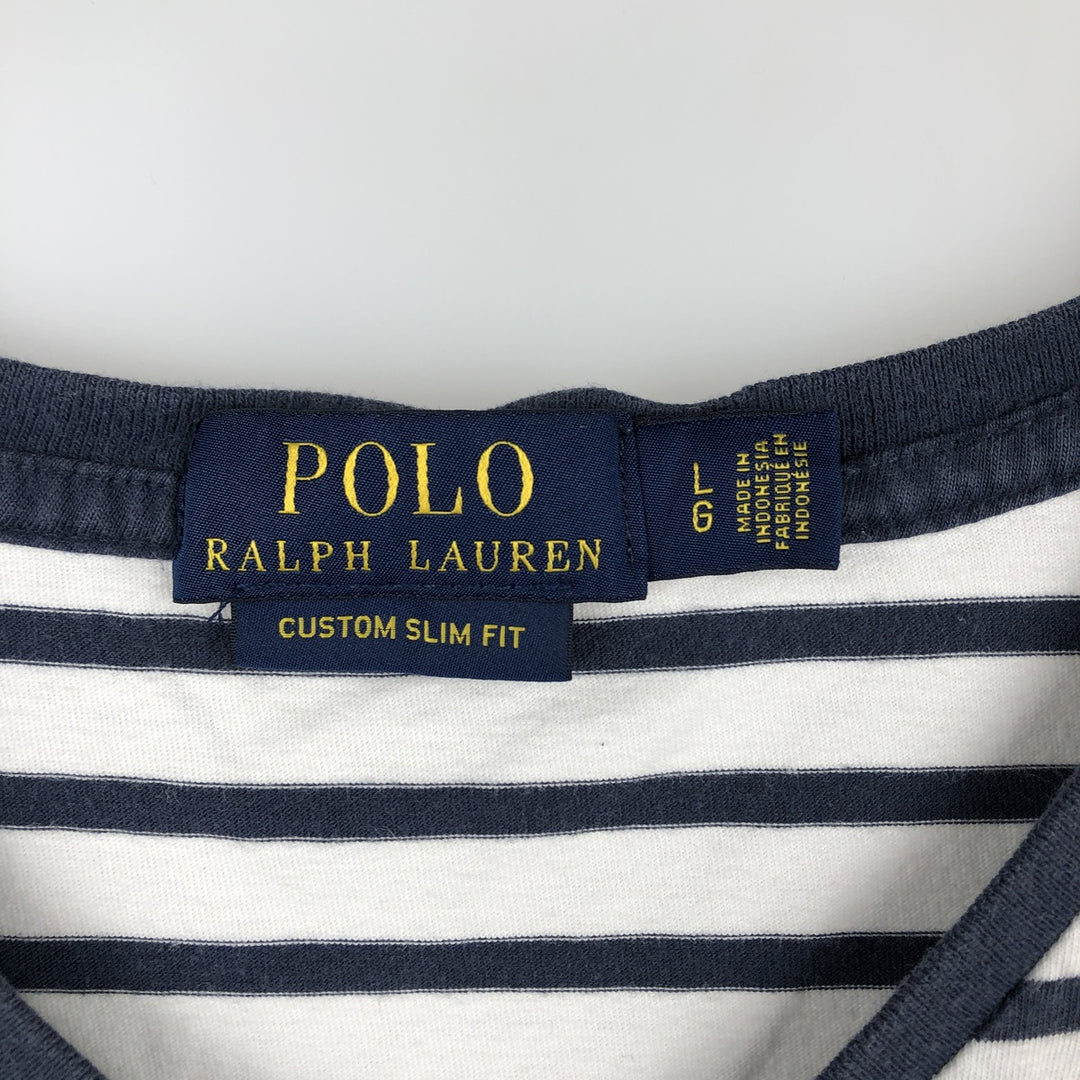 Ralph Lauren POLO RALPH LAUREN CUSTOM SLIM FIT V-neck Short-sleeve Striped T-shirt (Men's size L equivalent) unclear navy blue type Vintage Second Hand