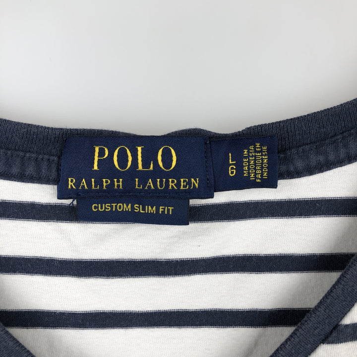 Ralph Lauren POLO RALPH LAUREN CUSTOM SLIM FIT V-neck Short-sleeve Striped T-shirt (Men's size L equivalent) unclear navy blue type Vintage Second Hand