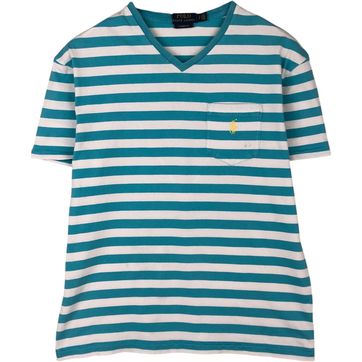 Ralph Lauren POLO RALPH LAUREN CLASSIC FIT Striped Pattern V-Neck Short-Sleeve Pocket T-Shirt (Men's Size S) cotton Blue type light blue Vintage Second Hand