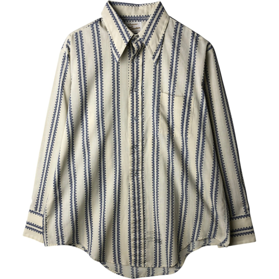 Vintage 1970'S Arrow KENT COLLECTION Tyrolean Pattern Long Sleeve Shirt, Men's Size L polyester unbleached Vintage Second Hand