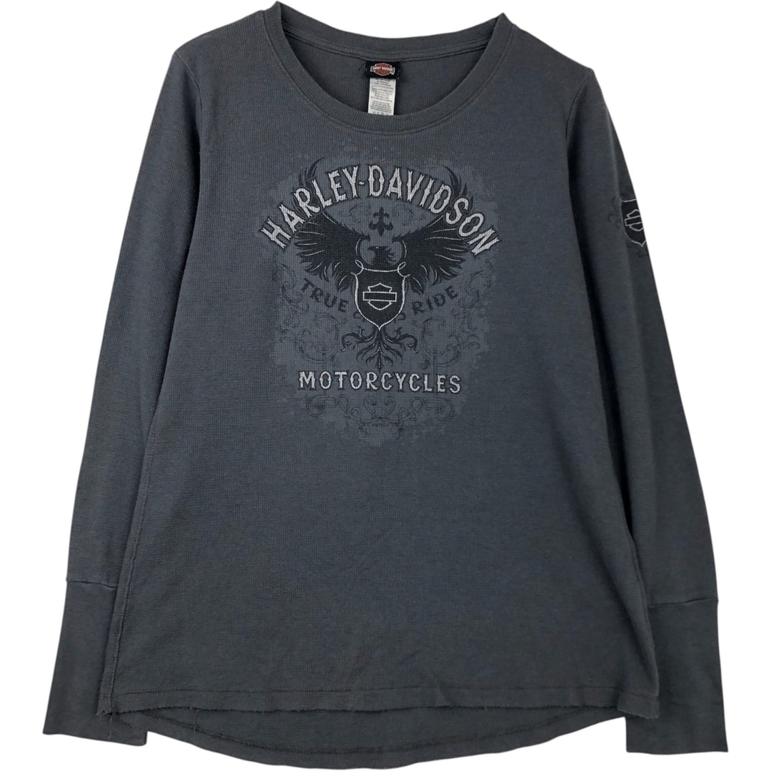 Harley-Davidson Eagle Pattern Thermal Long T-Shirt with Thumbholes, Waffle, Women's Size L cotton gray type Vintage Second Hand