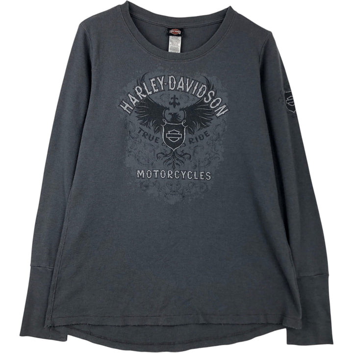 Harley-Davidson Eagle Pattern Thermal Long T-Shirt with Thumbholes, Waffle, Women's Size L cotton gray type Vintage Second Hand
