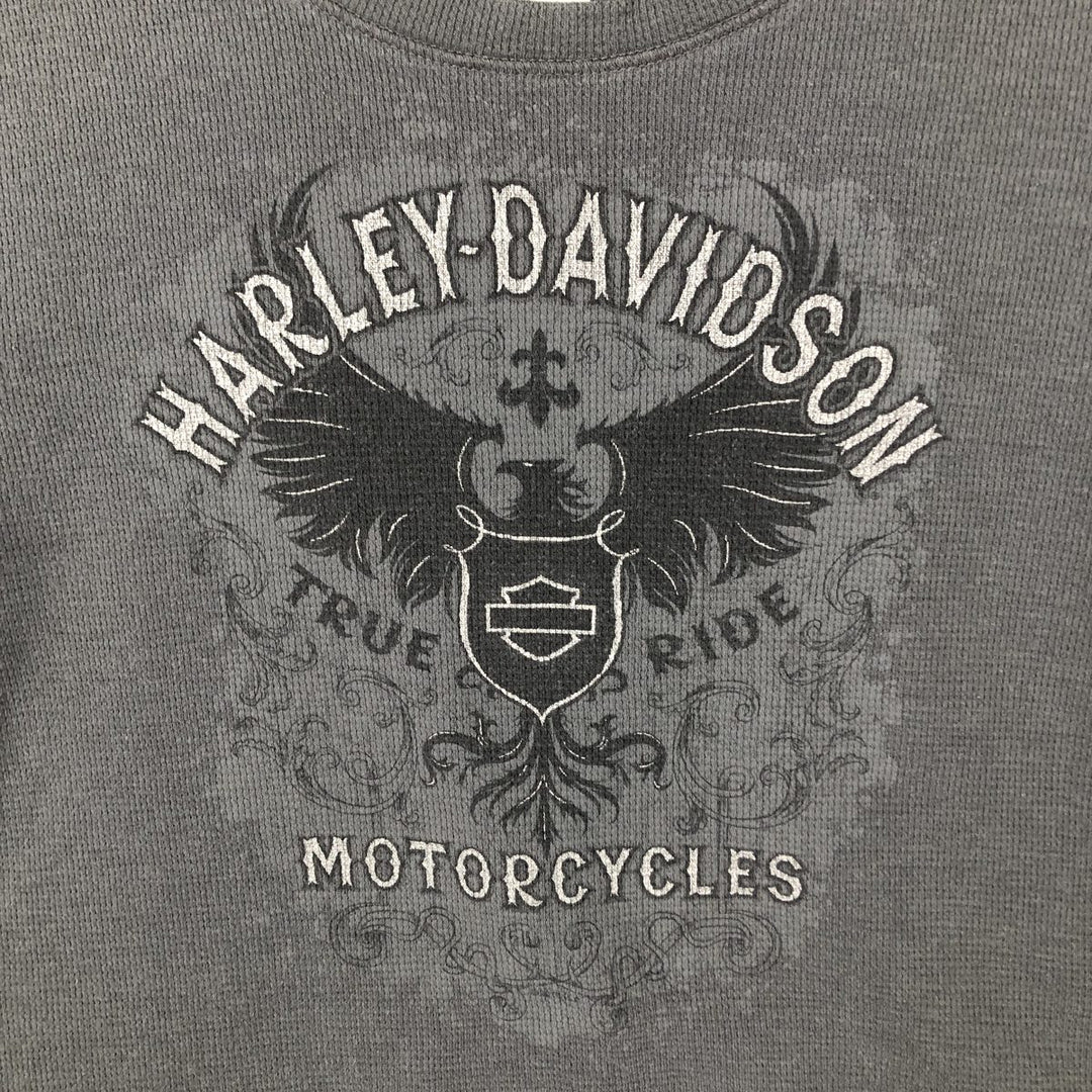 Harley-Davidson Eagle Pattern Thermal Long T-Shirt with Thumbholes, Waffle, Women's Size L cotton gray type Vintage Second Hand
