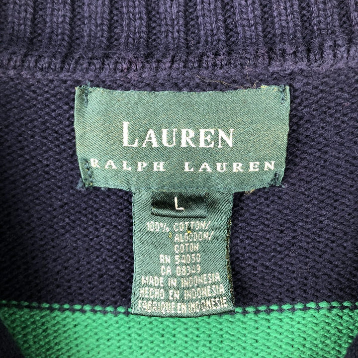 Ralph Lauren Lauren Striped Cotton Knit Half-Zip Sweater, Women's Size L cotton navy blue type Vintage Second Hand