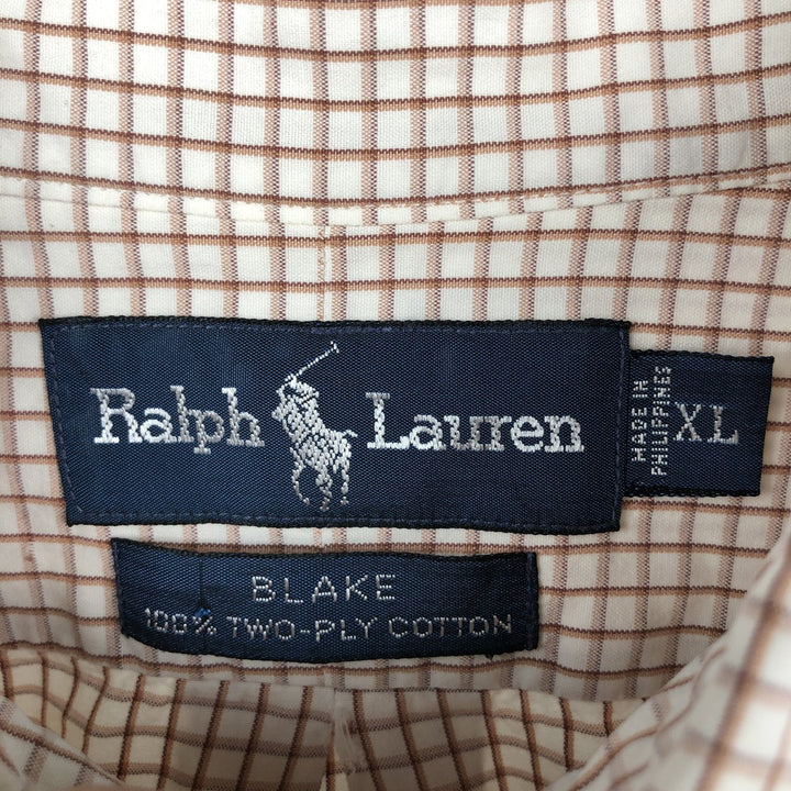 Ralph Lauren BLAKE long sleeve button down check shirt, men's XL size cotton beige type brown Vintage Second Hand