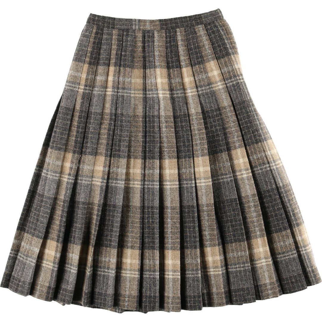 1980'S EVAN-PICONE Check Pattern Wool Half-Length Pleated Skirt, Made in USA, Women's Size M (approx.), Vintage wool brown type Vintage Second Hand