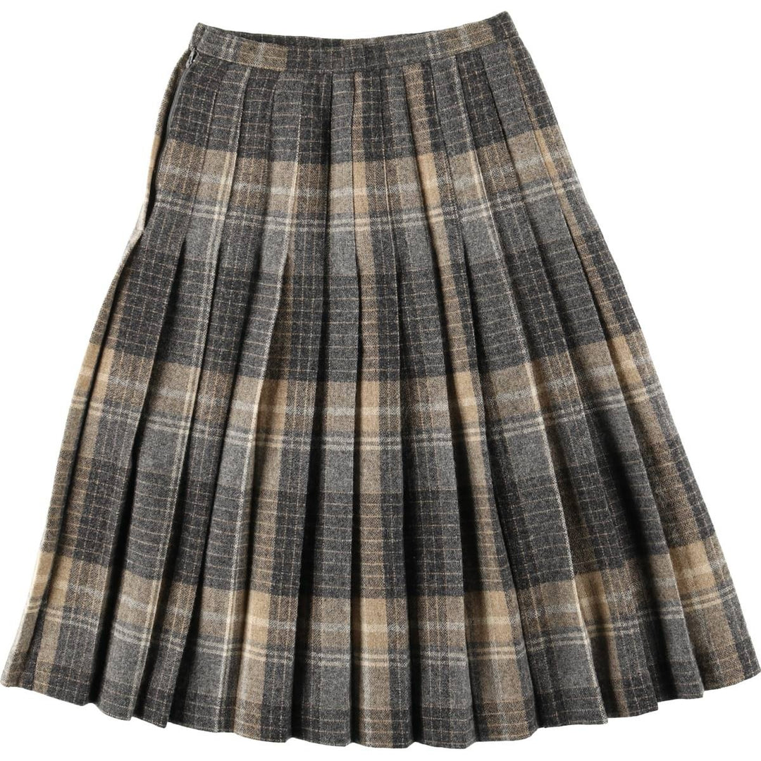 1980'S EVAN-PICONE Check Pattern Wool Half-Length Pleated Skirt, Made in USA, Women's Size M (approx.), Vintage wool brown type Vintage Second Hand