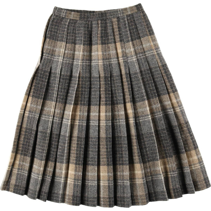 1980'S EVAN-PICONE Check Pattern Wool Half-Length Pleated Skirt, Made in USA, Women's Size M (approx.), Vintage wool brown type Vintage Second Hand