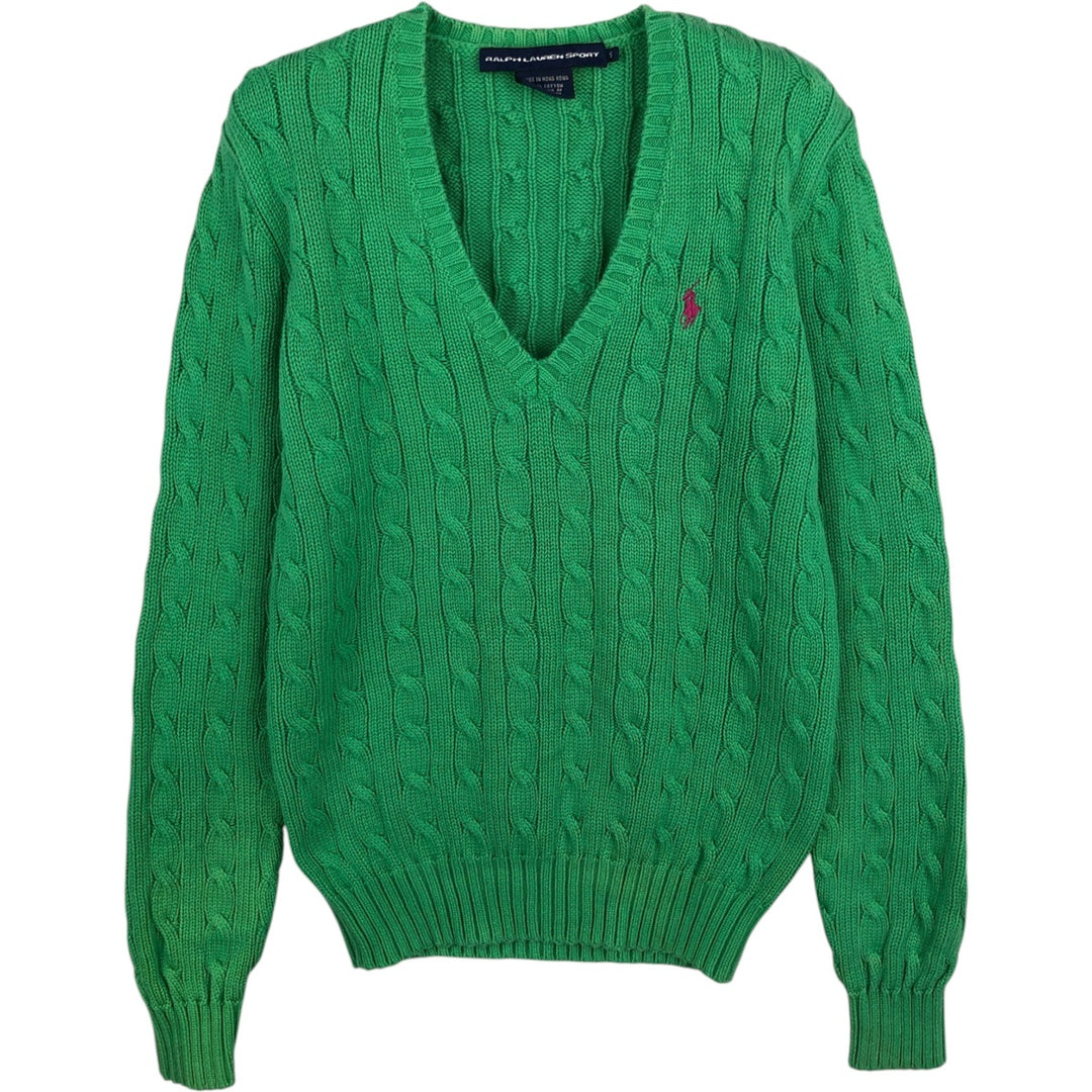 Ralph Lauren RALPH LAUREN SPORT Cable Knit V-Neck Cotton Knit Sweater, Women's Size Small cotton green type Vintage Second Hand