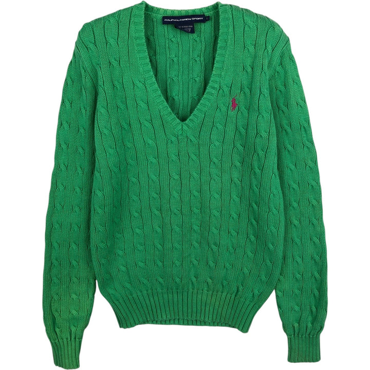 Ralph Lauren RALPH LAUREN SPORT Cable Knit V-Neck Cotton Knit Sweater, Women's Size Small cotton green type Vintage Second Hand