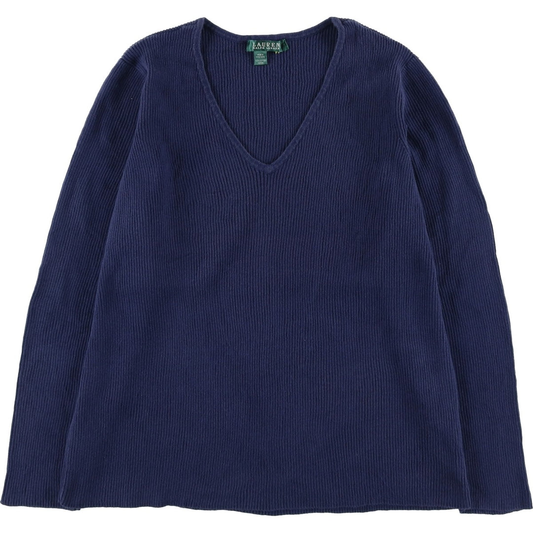 Ralph Lauren LAUREN Ribbed V-neck Cotton Knit Sweater, Women's Size S (approx.) cotton navy blue type Vintage Second Hand