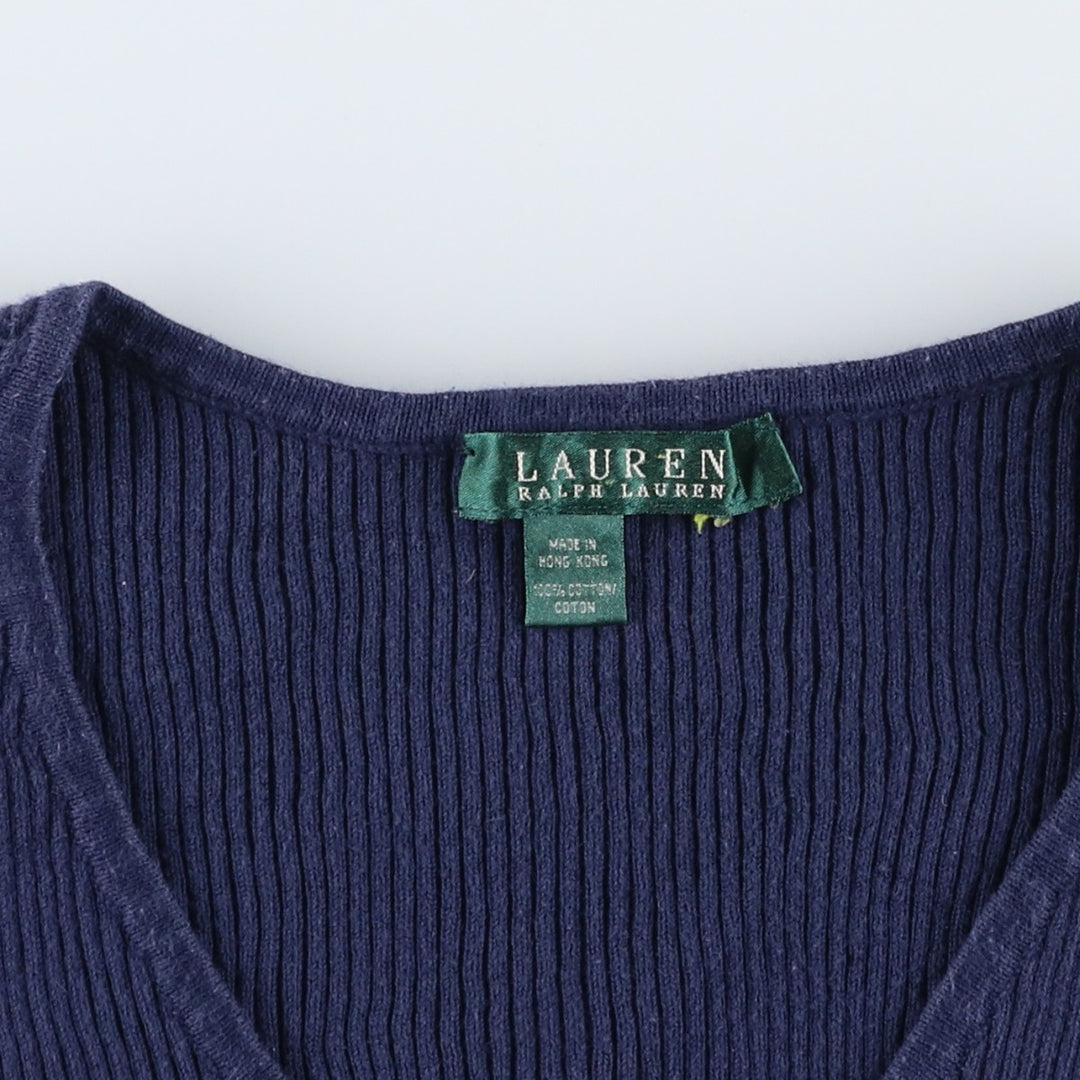Ralph Lauren LAUREN Ribbed V-neck Cotton Knit Sweater, Women's Size S (approx.) cotton navy blue type Vintage Second Hand
