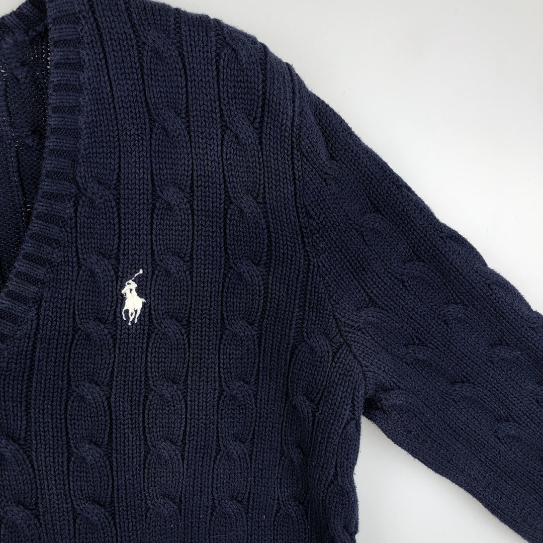 Ralph Lauren RALPH LAUREN SPORT Cable knit V-neck cotton knit sweater Women's M size cotton navy blue type Vintage Second Hand