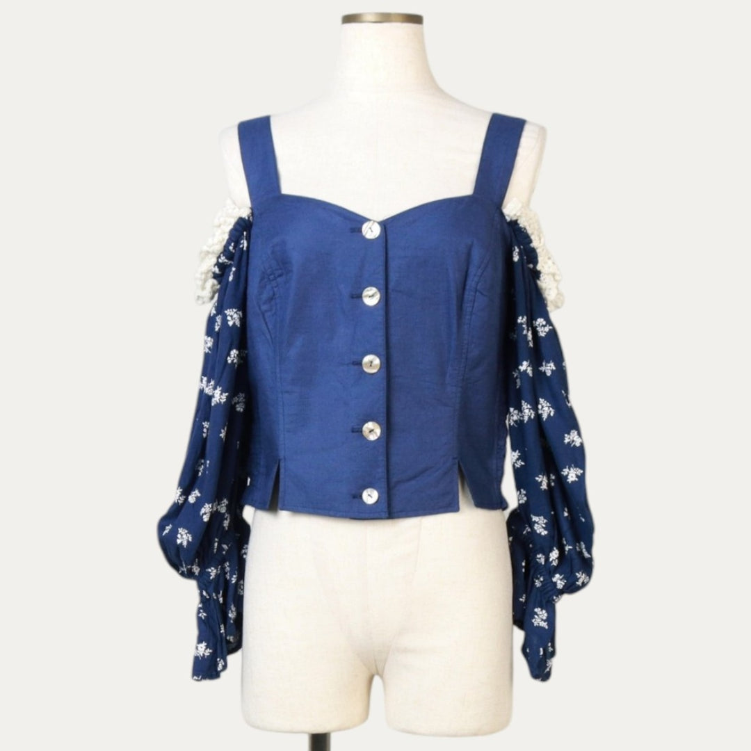 80'S Country Line Floral Cropped Off-Shoulder Three-Quarter Sleeve Blouse, Tyrolean Blouse, Women's Size M (Equivalent), Vintage Viscose Navy blue Vintage Second Hand