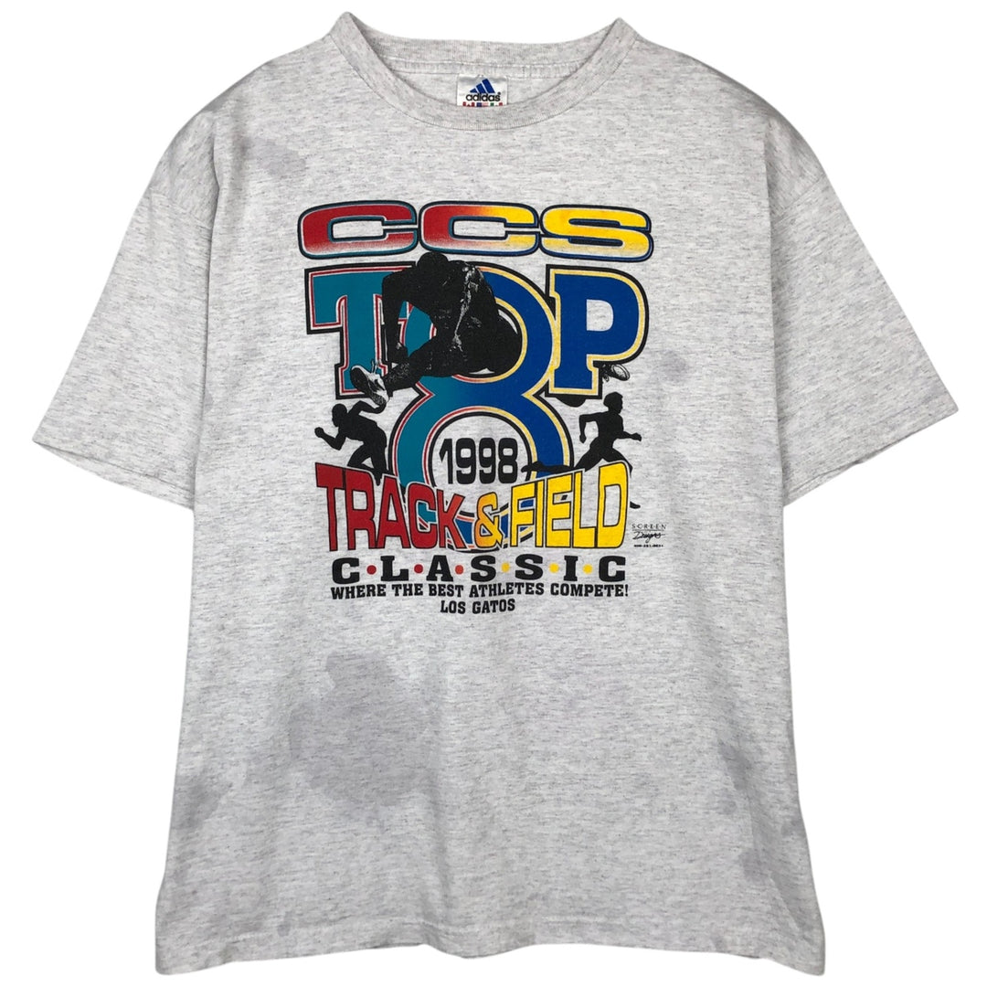 90'S Adidas back logo sports print t-shirt, made in USA, men's size L equivalent, vintage. cotton gray type Vintage Second Hand